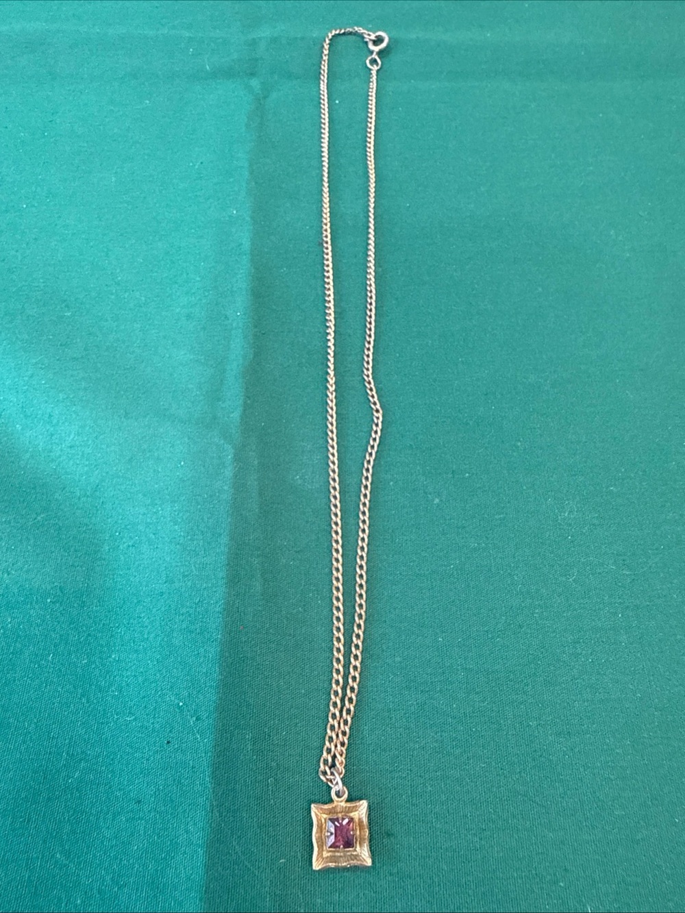 Goldtone Birthstone Necklace W/ Square Pendant W/ Feb.Amethyst Colored Stone 80D